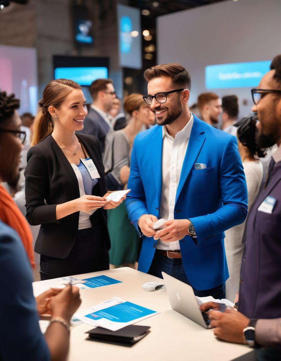 A dynamic networking scene featuring diverse professionals engaging in conversation, exchanging business cards, and actively networking at a modern, stylish event. Showcase elements of personal branding like unique logo designs on shirts and laptops, and vibrant visuals of LinkedIn profiles on screens. Include a subtle hint of city skyline in the background to signify opportunity. super-realistic. vibrant colors. 3D.