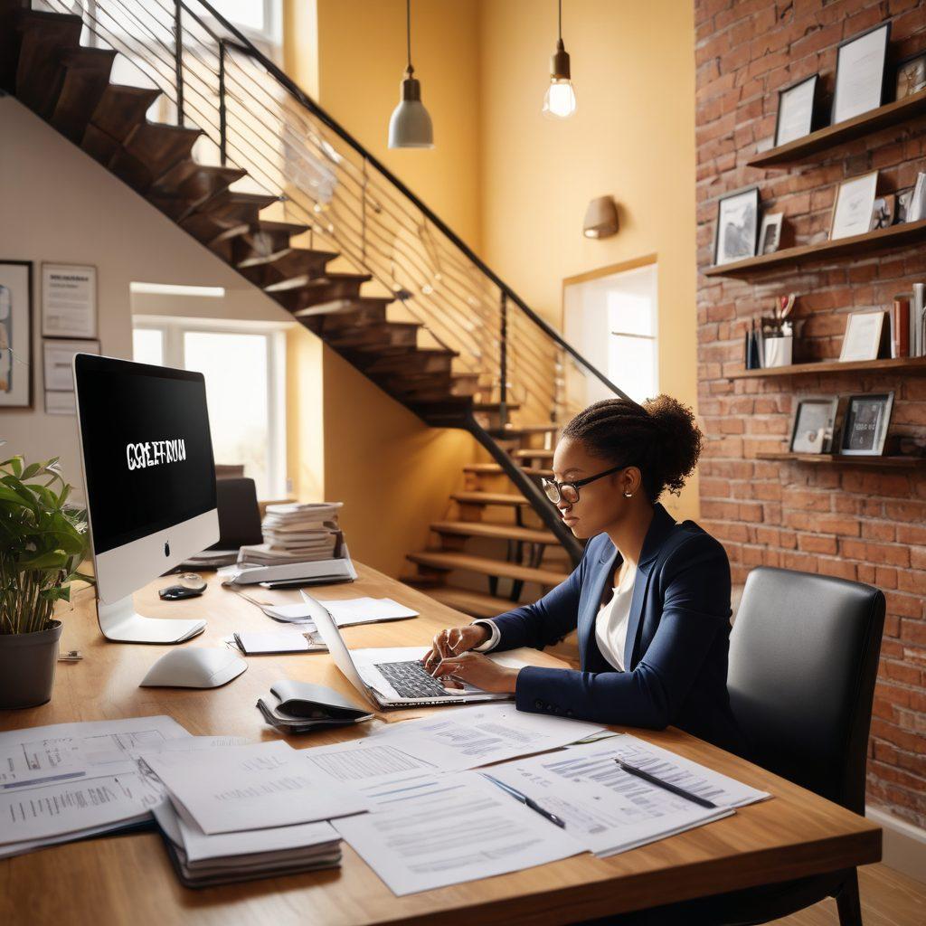 A dynamic scene showing a professional at a desk surrounded by a laptop, resume documents, and job search materials, radiating a sense of ambition and determination. In the background, a staircase symbolizing career growth and opportunities, with light shining upon it. The overall atmosphere is vibrant and motivational, showcasing people from diverse backgrounds succeeding together. super-realistic. vibrant colors. soft-focus background.