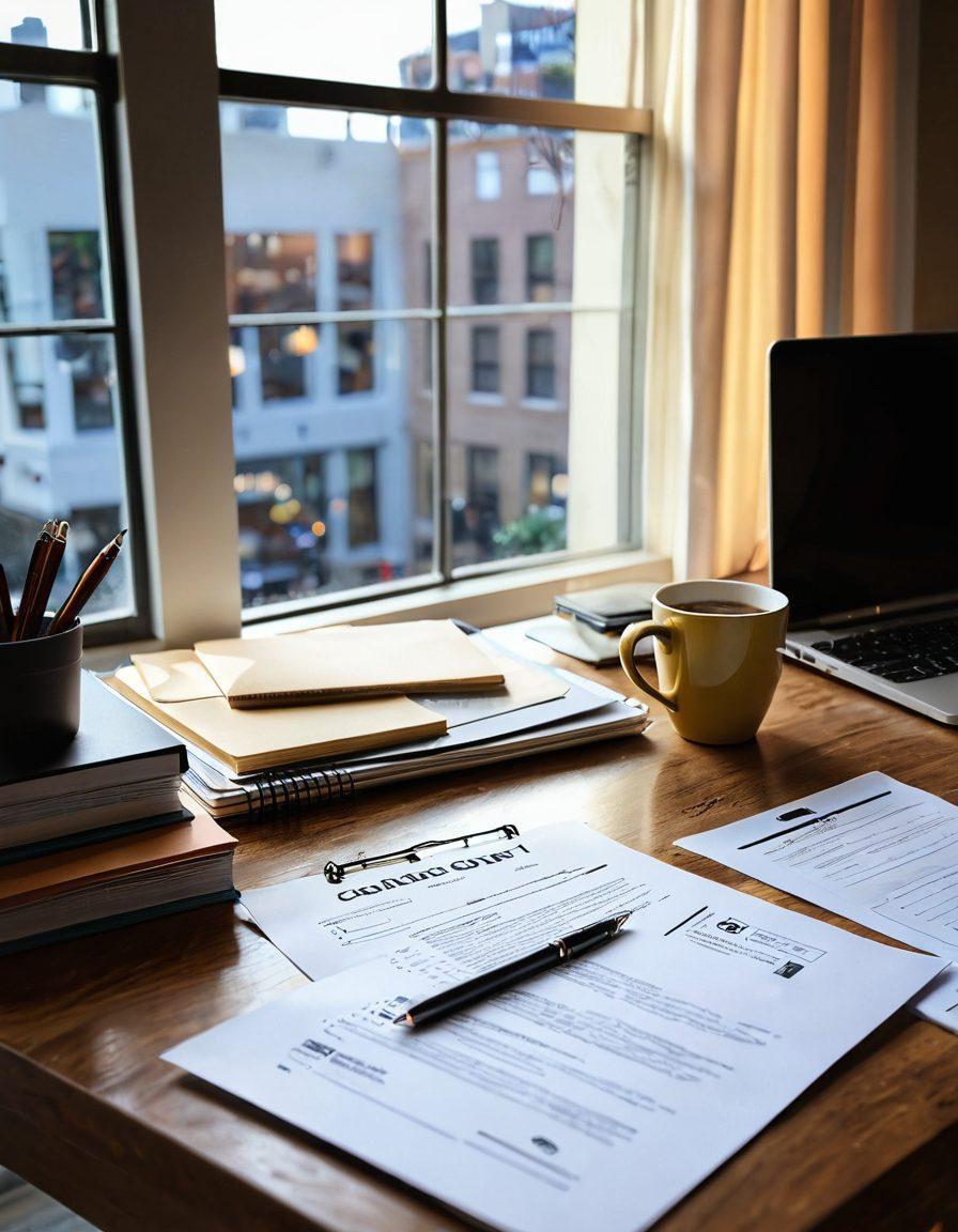 A professional workspace with a polished desk featuring an open laptop displaying a job application letter, a stack of resumes, and a notepad filled with interview tips. Soft light filters through a window, creating a warm atmosphere. In the background, a vision board with career goals and motivational quotes adds inspiration. super-realistic. vibrant colors. warm lighting.